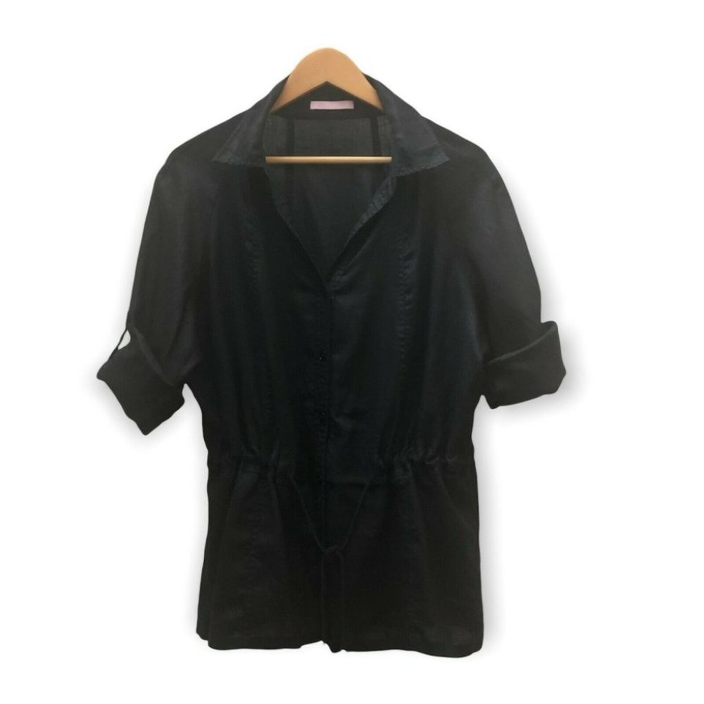 BASLER Linen Blouse Fold Up Sleeves Drawstring Beaded Black Size Large